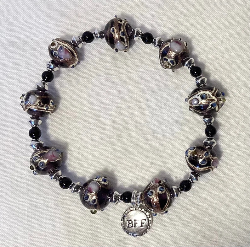 Lampwork Beads, Onyx Rounds, Silver Plated Bicones