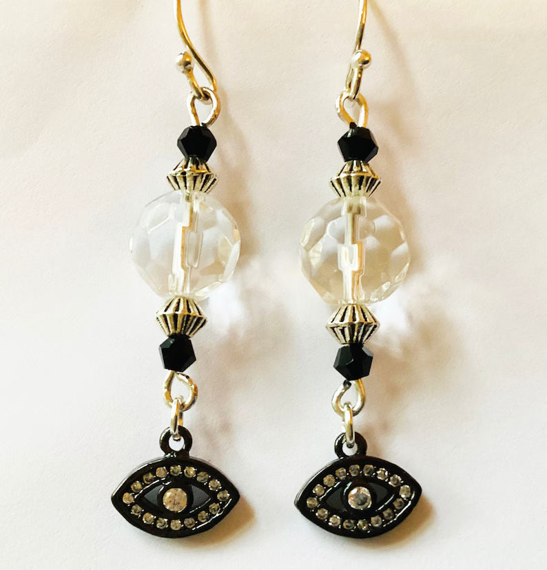 Quartz Crystal Faceted Balls, Jet Beads