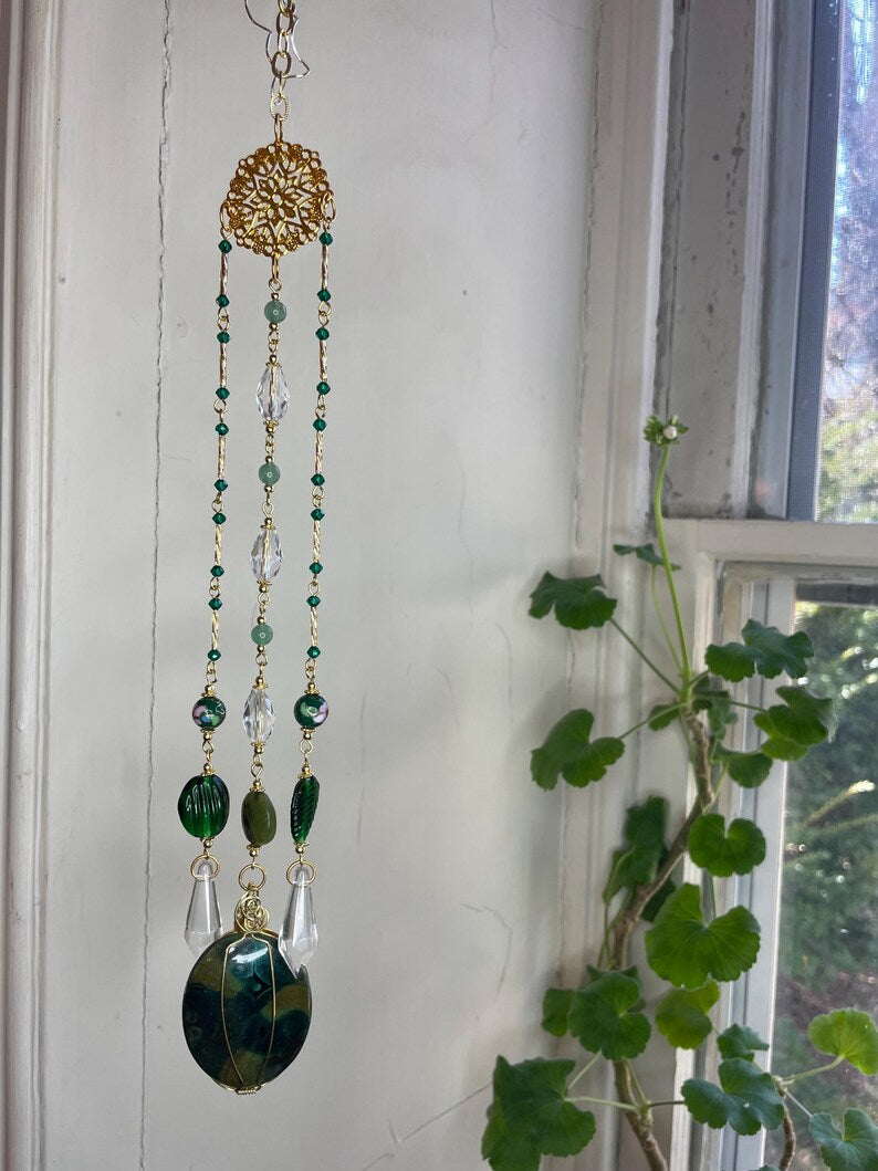 Millefiori Suncatcher. Pendant Hung from Serpentine