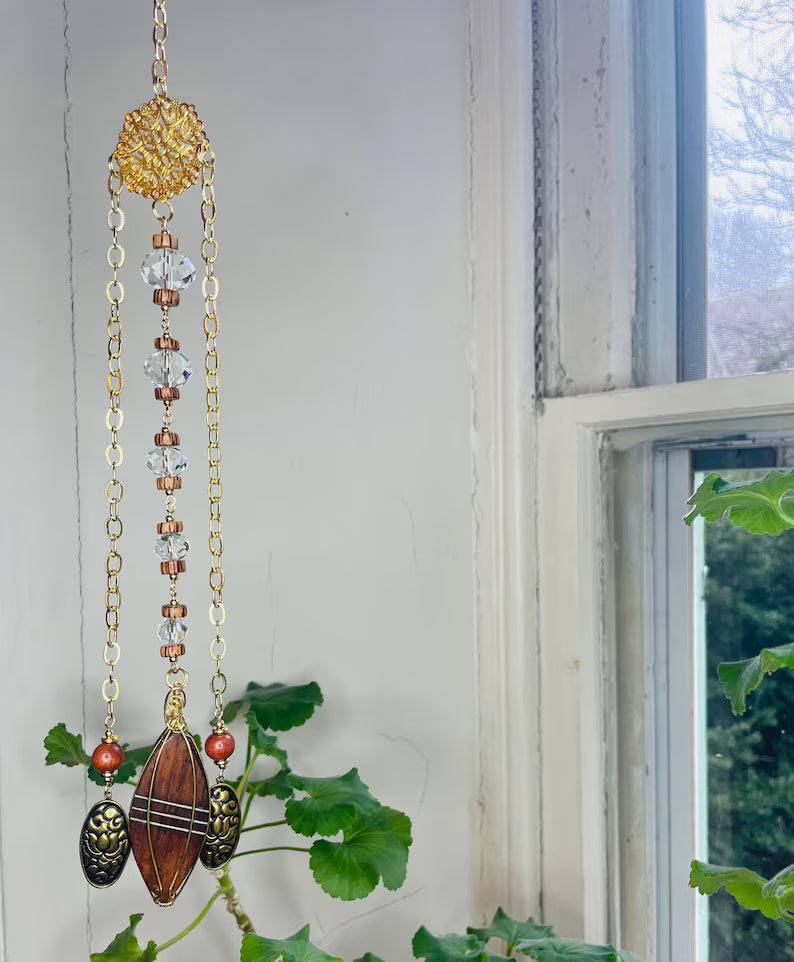 Teak Suncatcher Wire Wrapped, Paddle Pendant