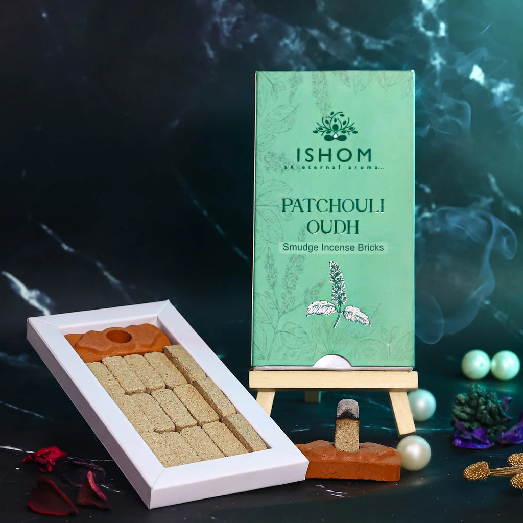 Ishom Patchouli Oudh Incense Bricks – Smokeless Aromatherapy Bricks with Holder