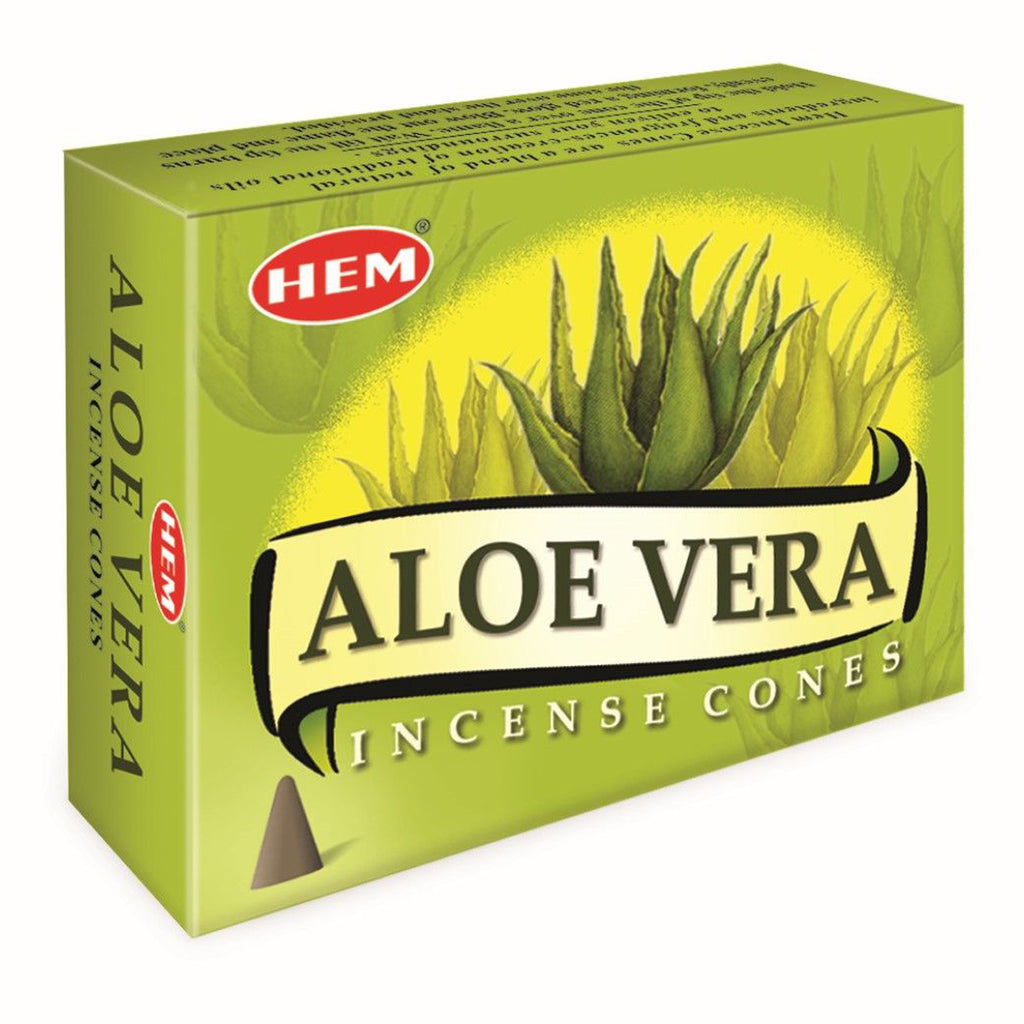 Box of HEM Aloe Vera Incense Cones on a white background