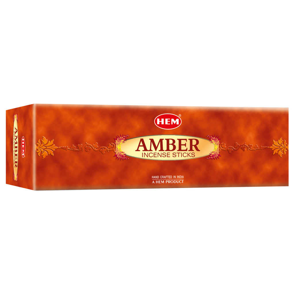 Box of HEM Amber Incense Sticks on a white background