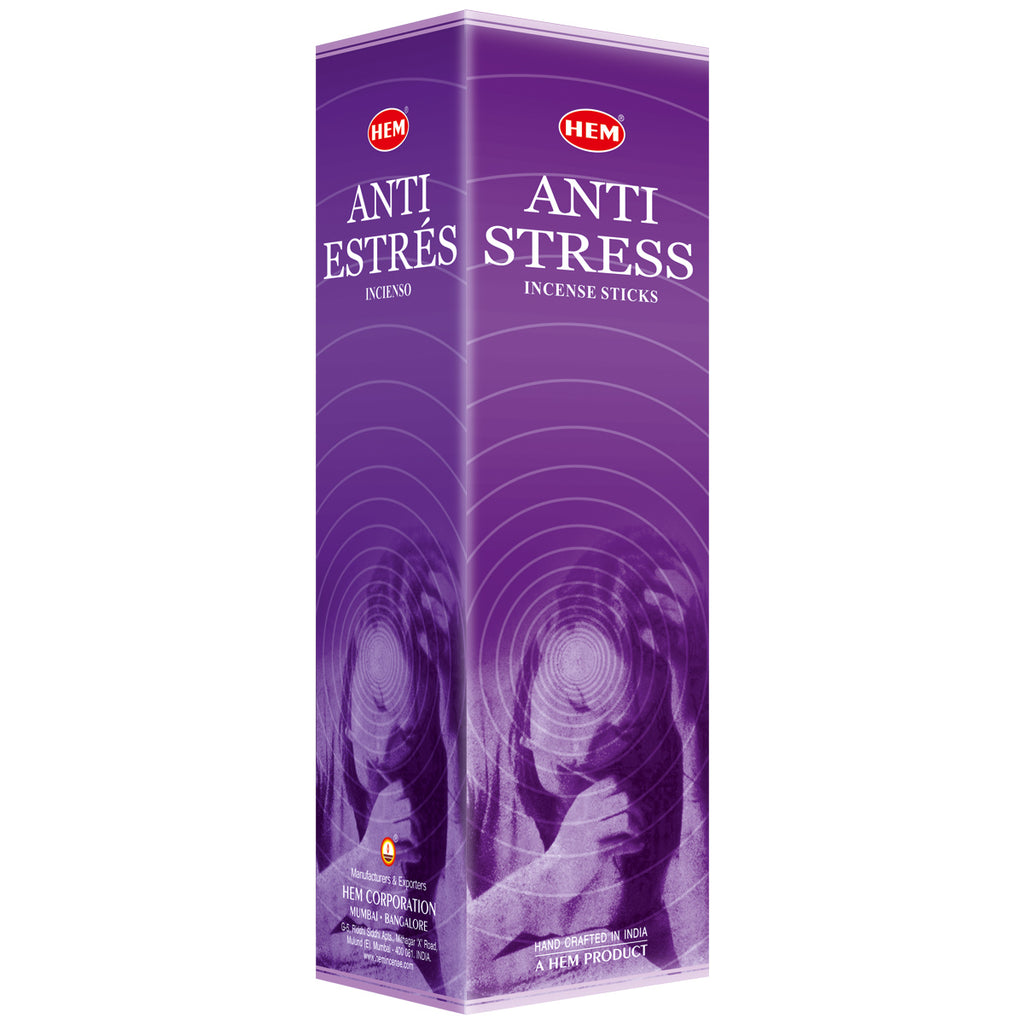 Box of HEM Anti Stress incense sticks with a purple design on a white background