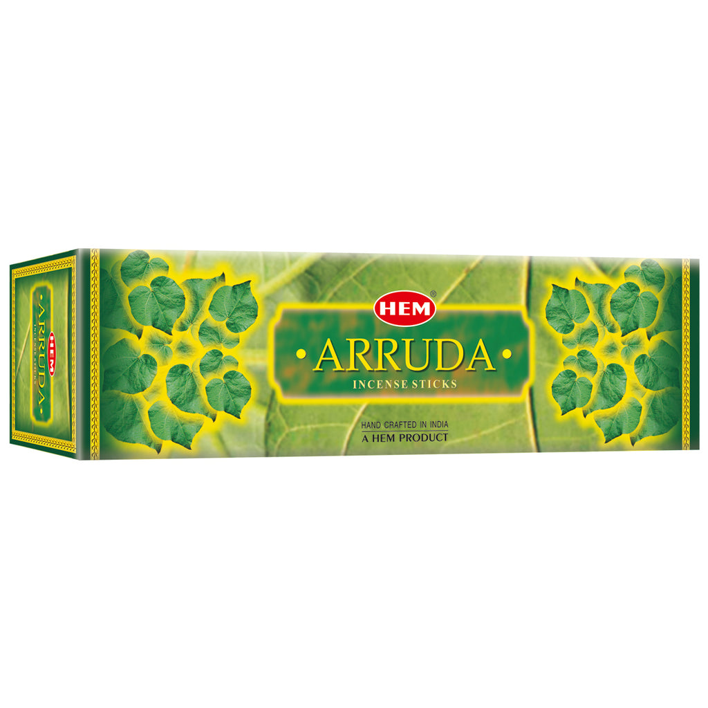 Box of HEM Arruda incense sticks with green and yellow design on a white background