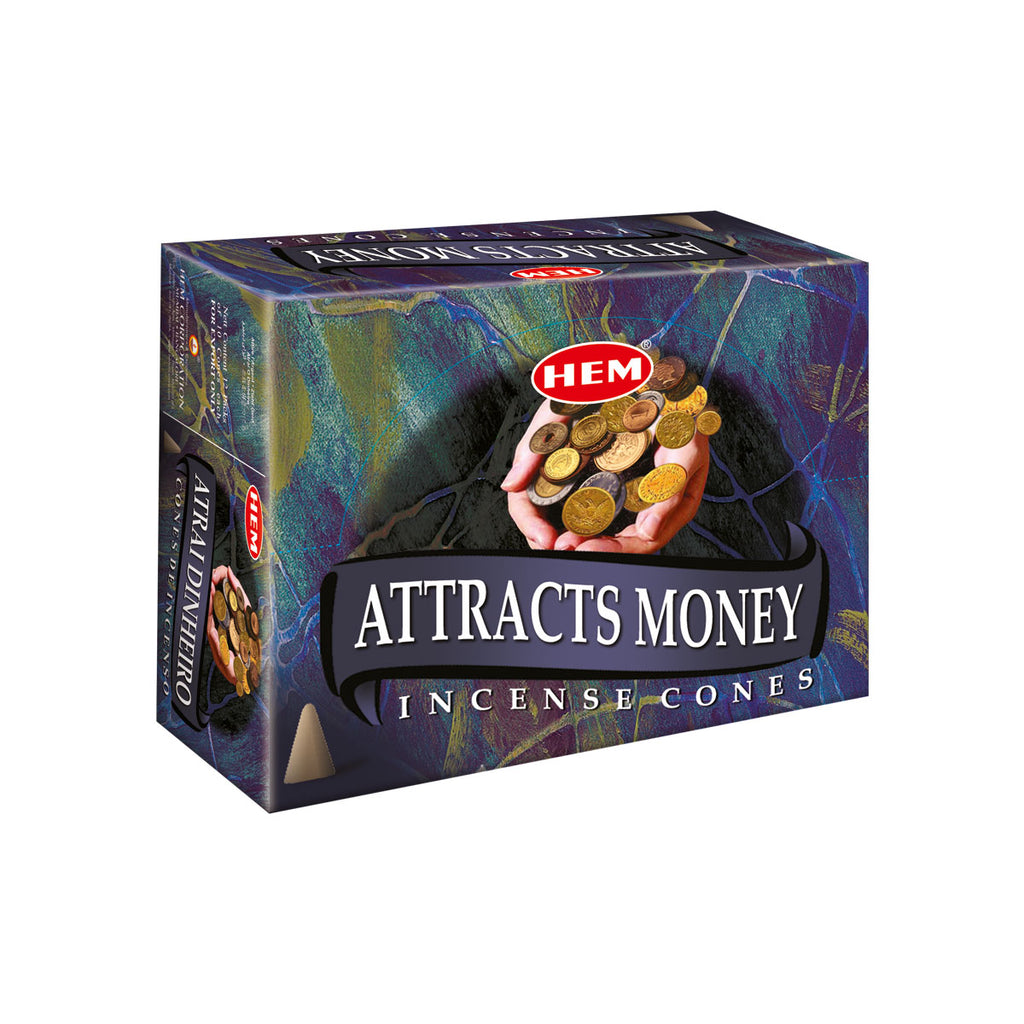 Box of HEM incense cones with money-themed imagery on a white background