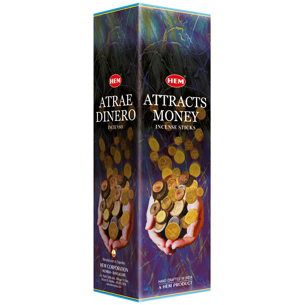 Box of HEM Atrae Dinero incense sticks with images of coins and text on a white background