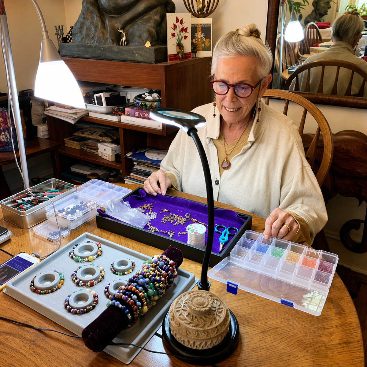 Woman working on jewelry at a table with various materials and tools.