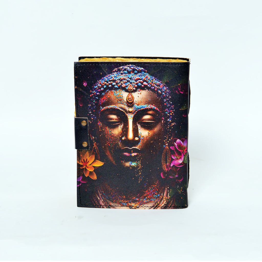Journal with a colorful Buddha design on a white background