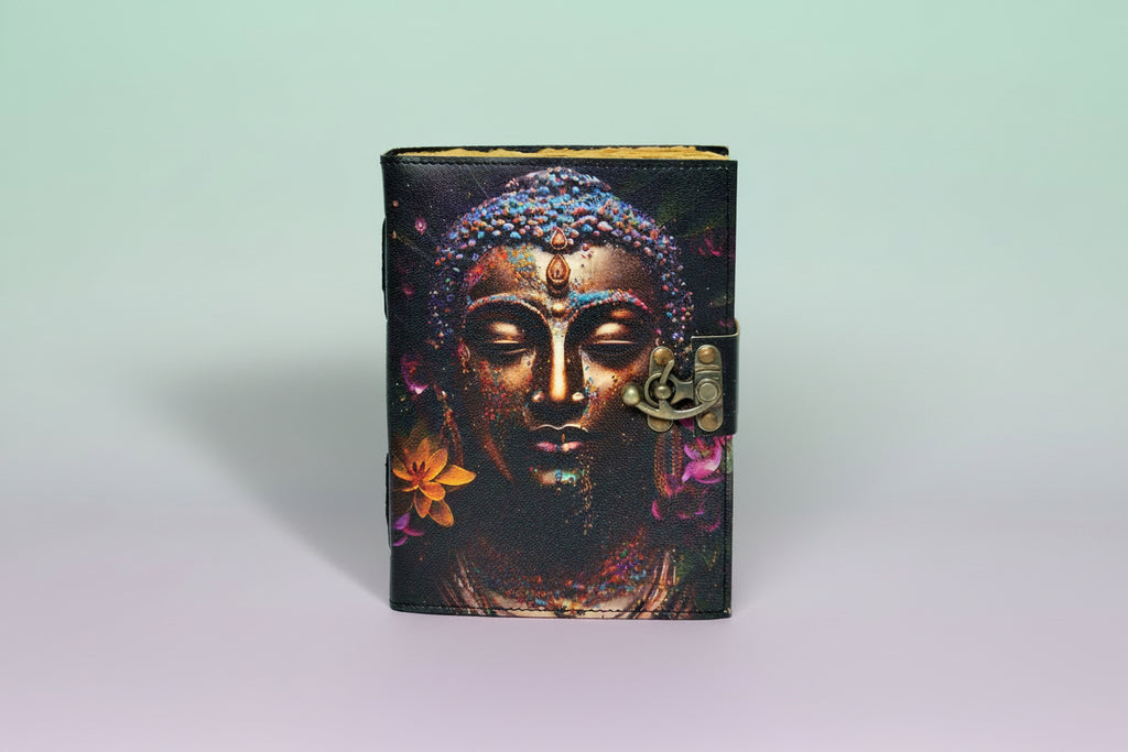 Journal with Buddha design and floral elements on a white background