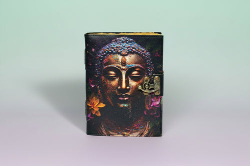 Journal with Buddha design and floral elements on a white background