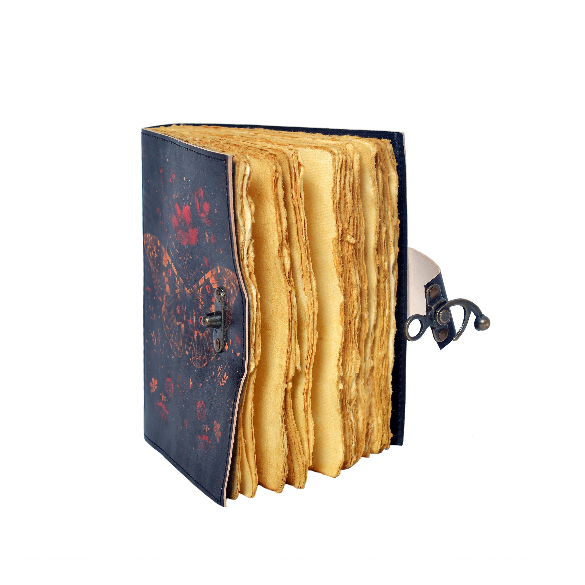 Decorative notebook with gold interior pages and dark blue cover on a white background