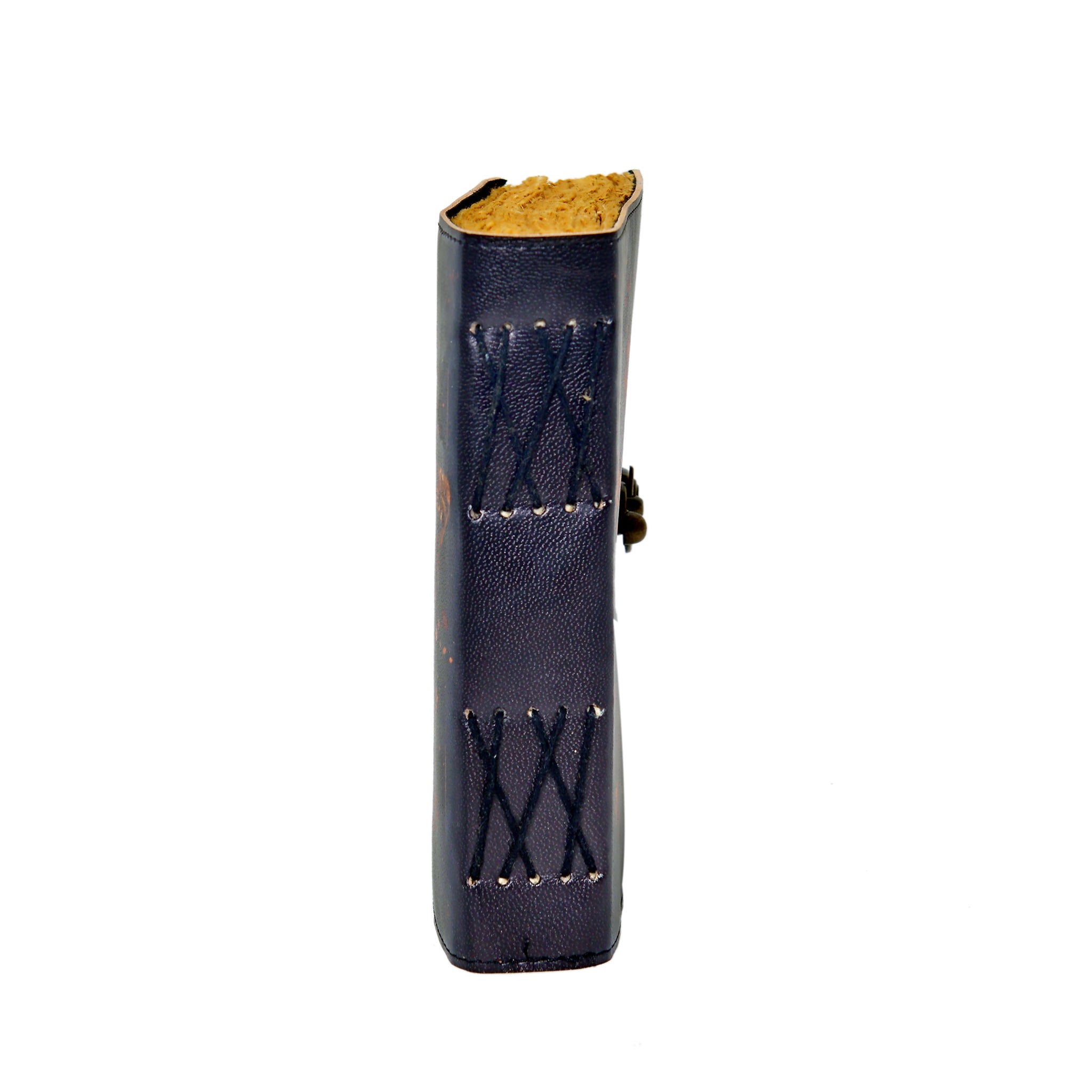 Black leather wallet with gold interior on a white background