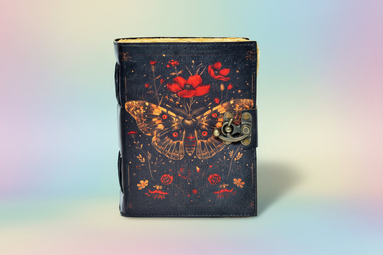 Journal with butterfly and floral design on a white background