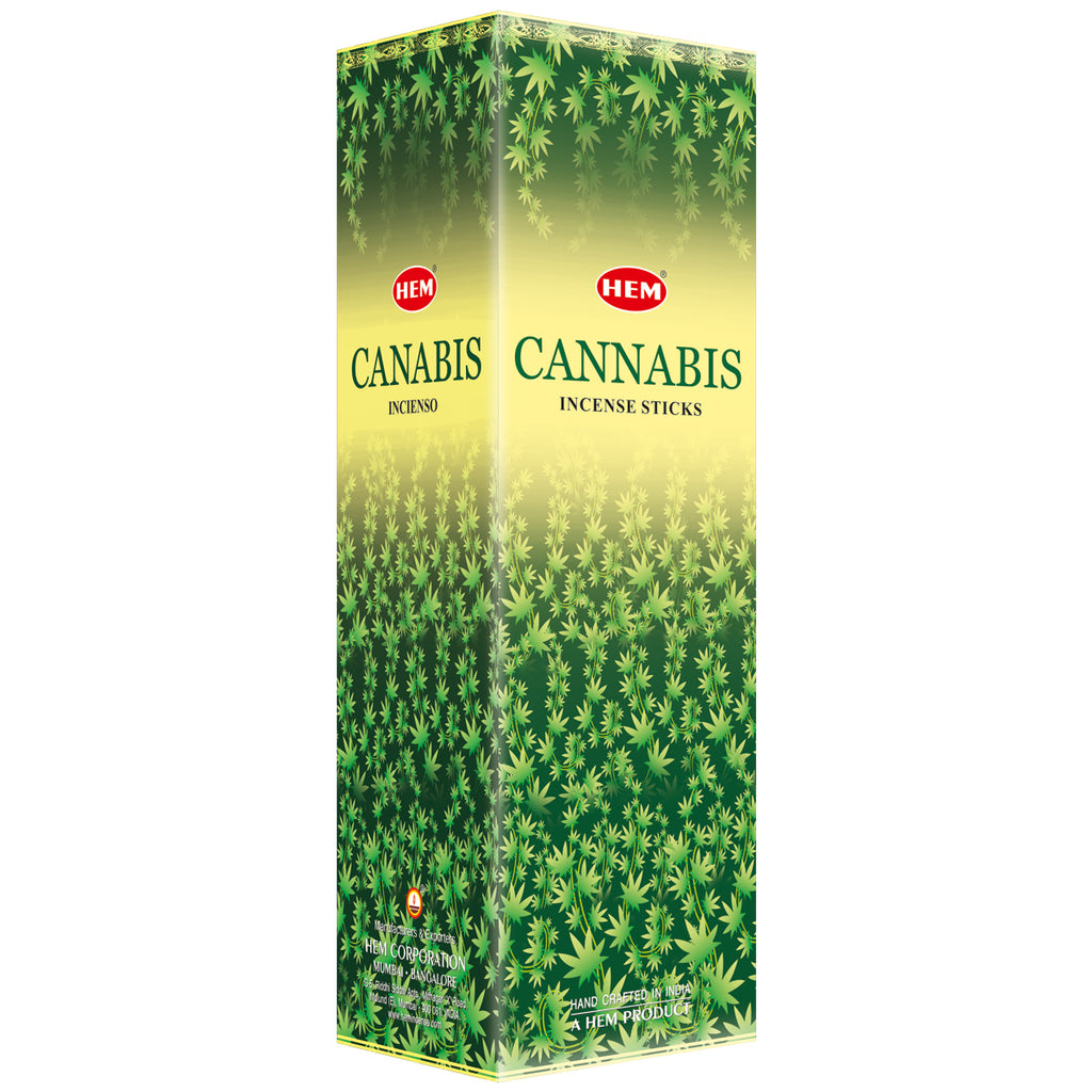 Box of HEM Cannabis Incense Sticks with green leaf pattern on a white background