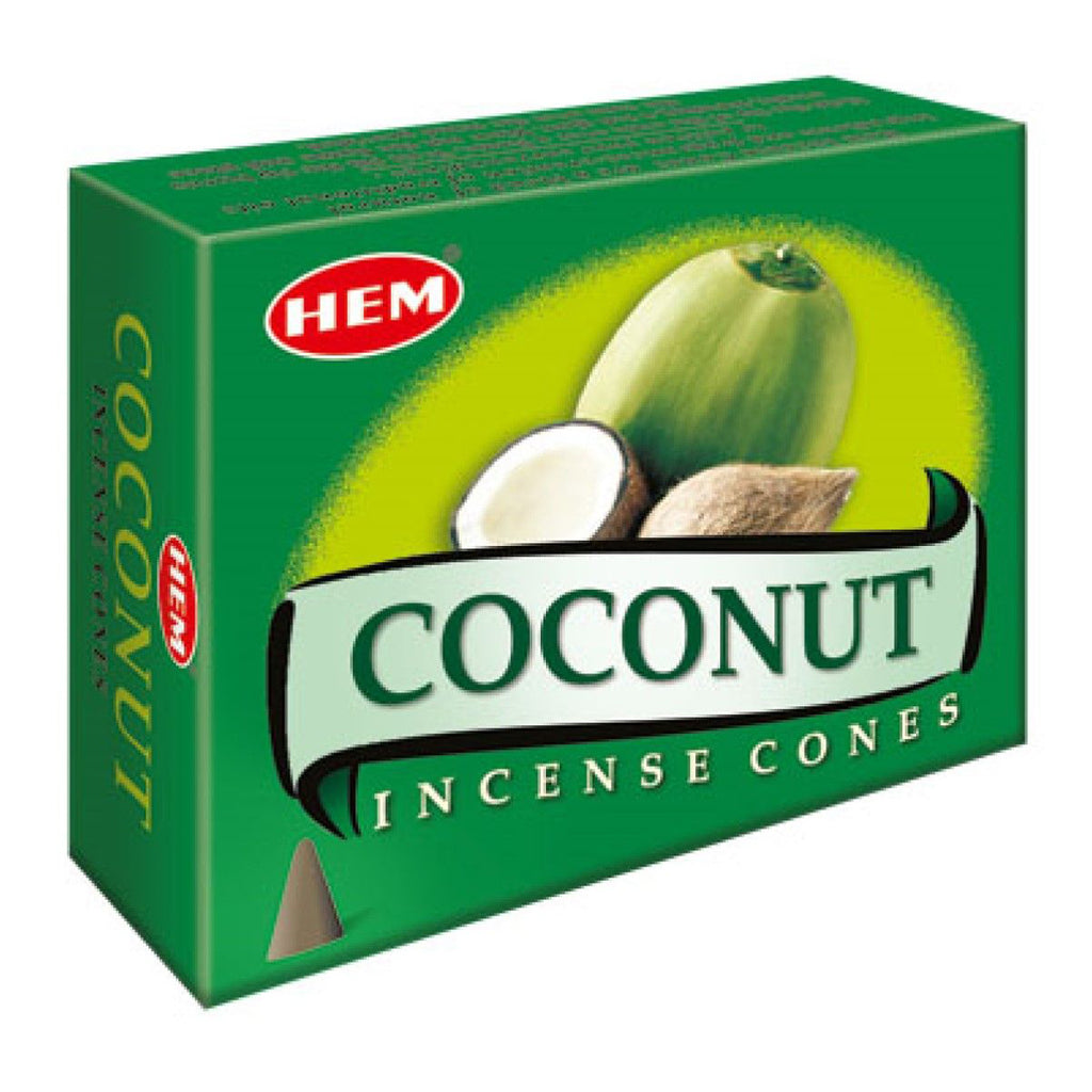 Box of HEM Coconut Incense Cones with a green background and coconut image.