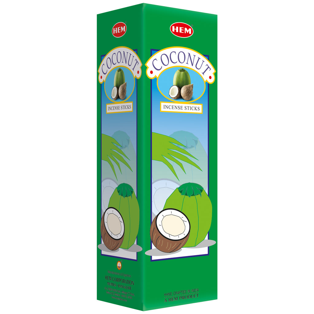 Two boxes of HEM Coconut Incense Sticks on a white background