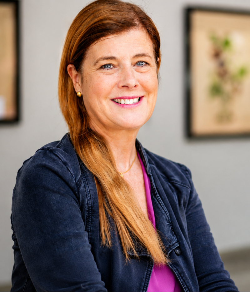 Woman smiling in a room with framed pictures on the wall