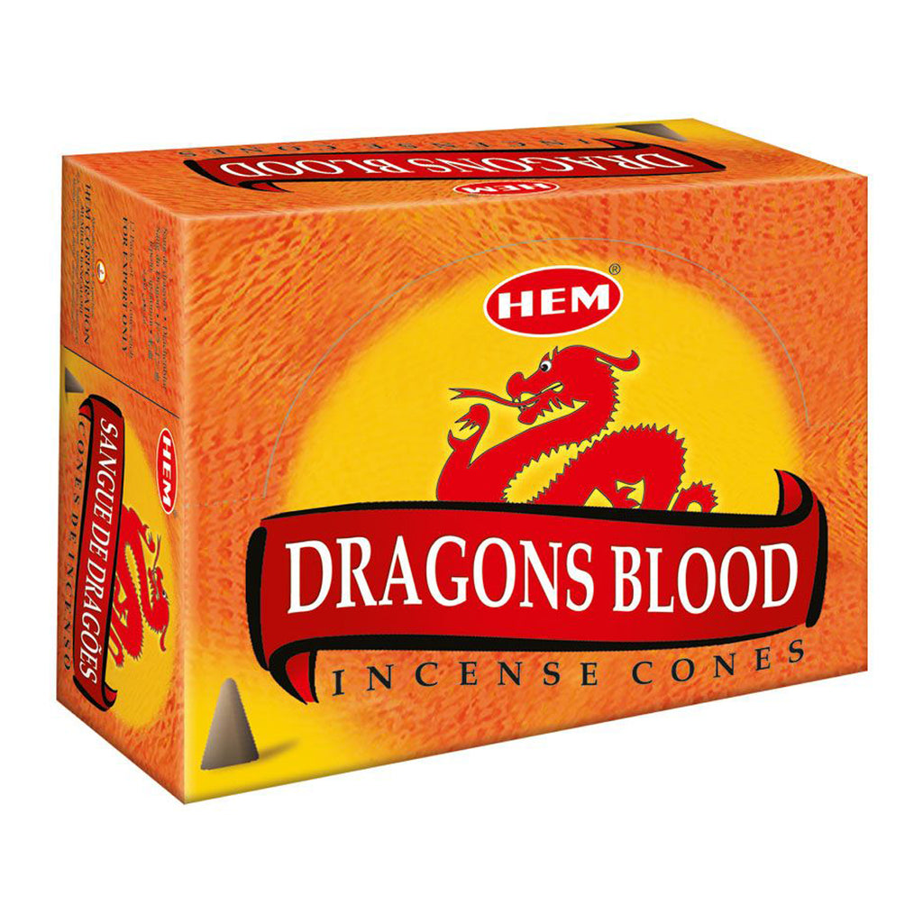 Box of HEM Dragons Blood incense cones with a red dragon design on an orange background.