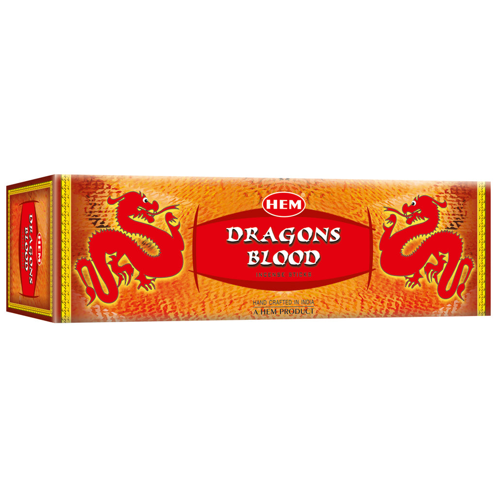 Box of HEM Dragons Blood incense with red and orange design on a white background