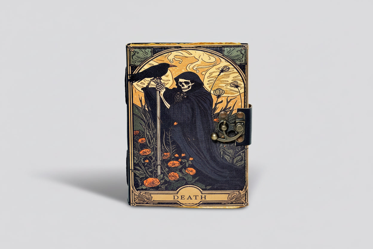 Decorative notebook with a design of a skeleton and a raven on a white background