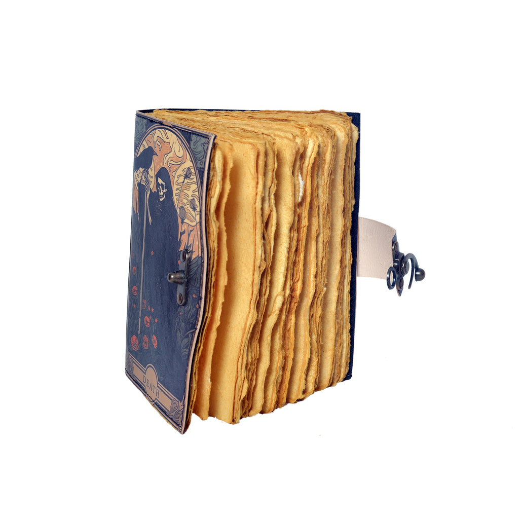 Decorative notebook with blue cover and wooden texture on white background