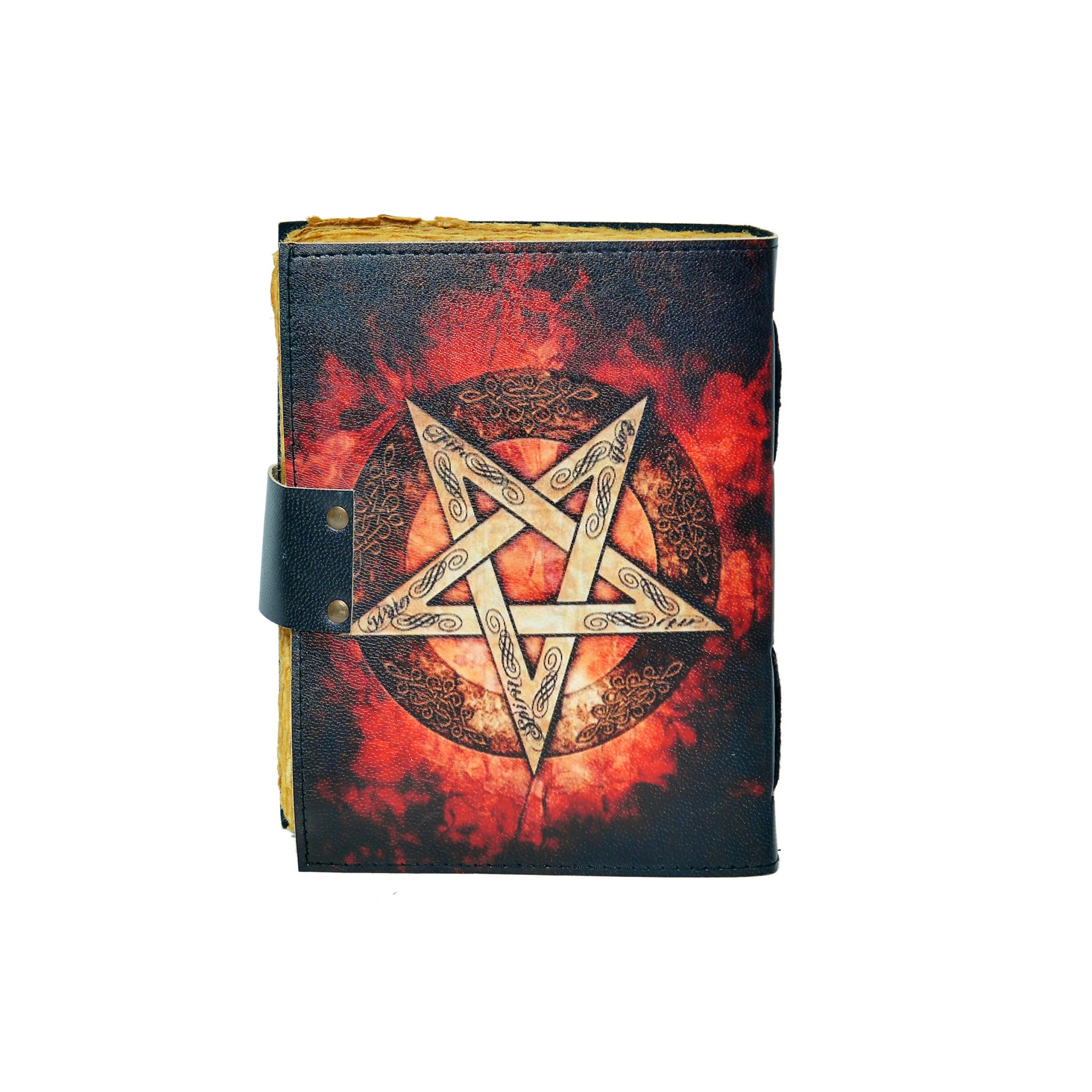 Journal with pentagram design on a red and black background