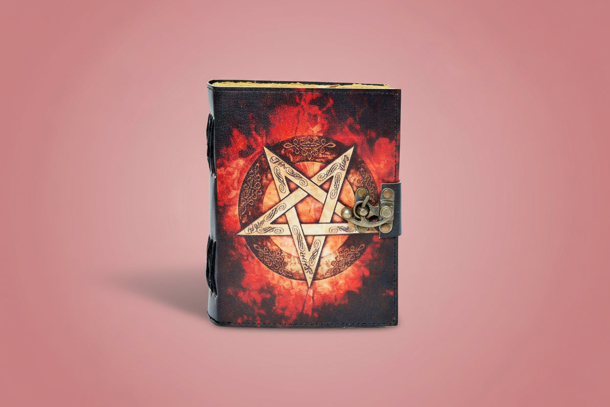 Journal with pentagram design on a red and black background