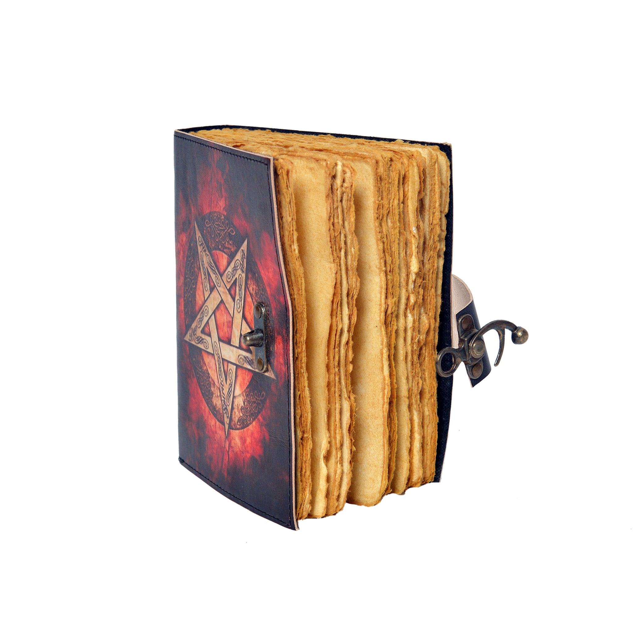 Leather-bound book with a pentagram design on a white background