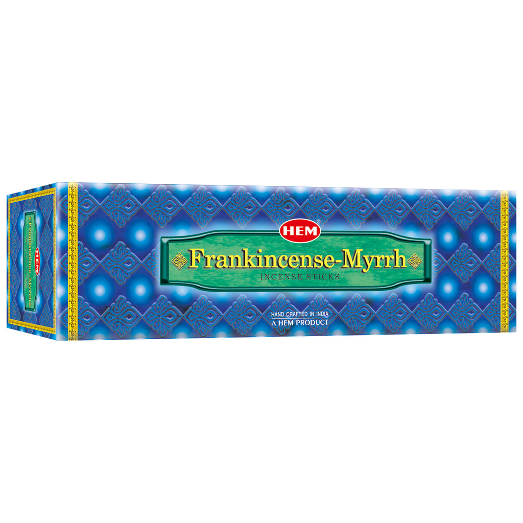 Box of HEM Frankincense Myrrh incense sticks on a white background