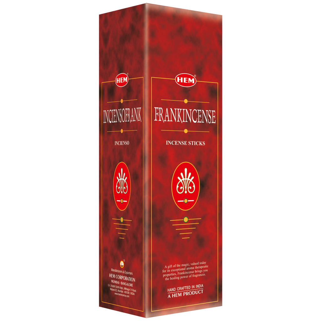 Red box of HEM Frankincense Incense Sticks on a white background