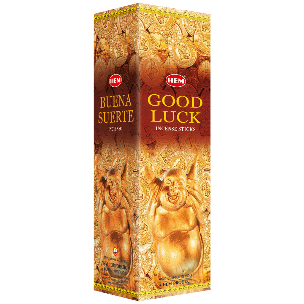 Box of HEM Buena Suerte Good Luck incense sticks with gold design and text.