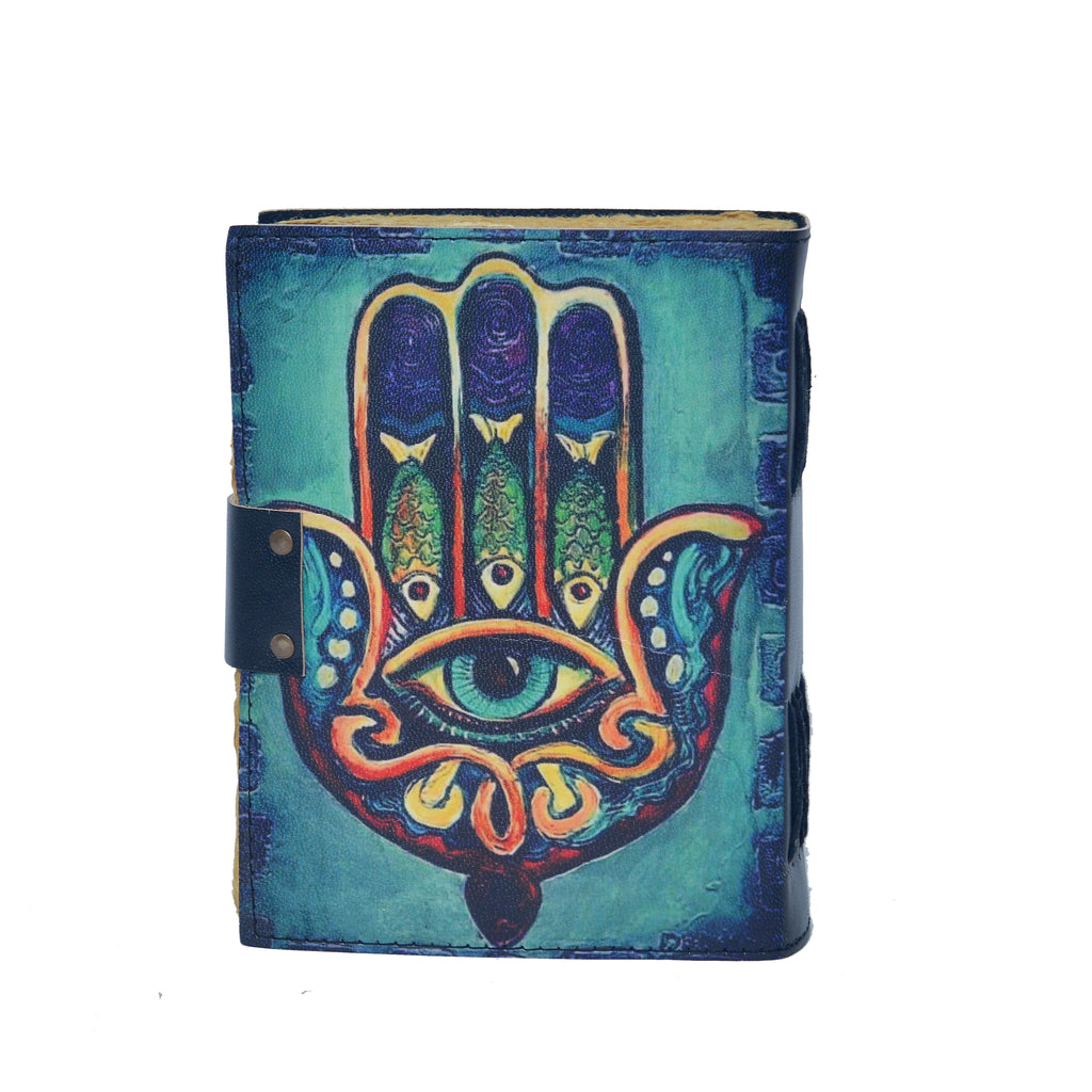 Colorful Hamsa hand design on a notebook cover with a white background