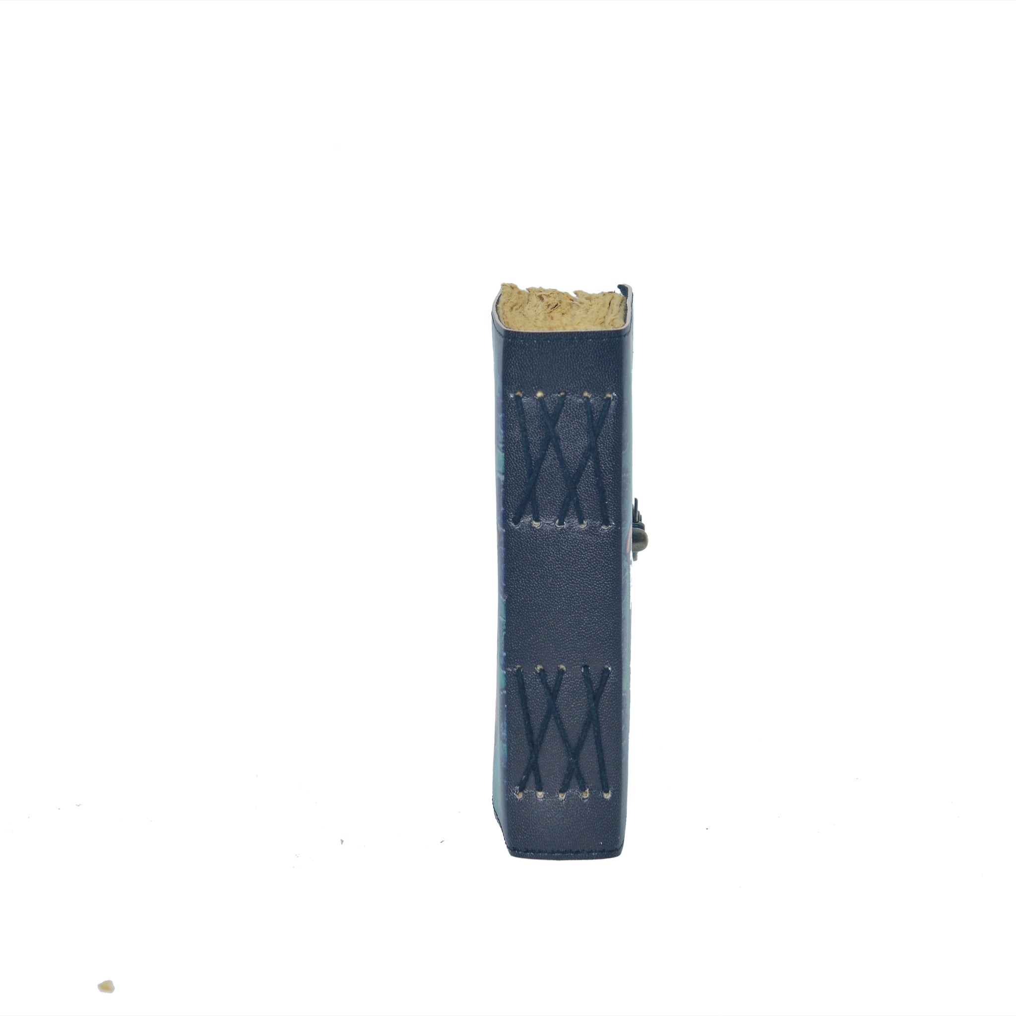 Blue leather wallet with gold interior on a white background
