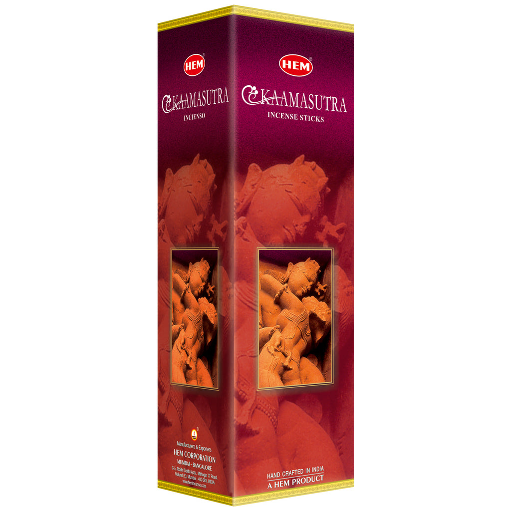 Box of HEM KamaSutra Incense Sticks with red and gold design.