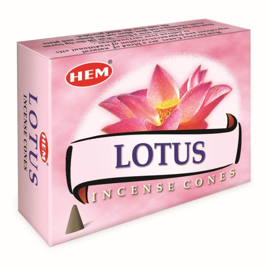 Box of HEM Lotus Incense Cones with a pink background and lotus flower design.