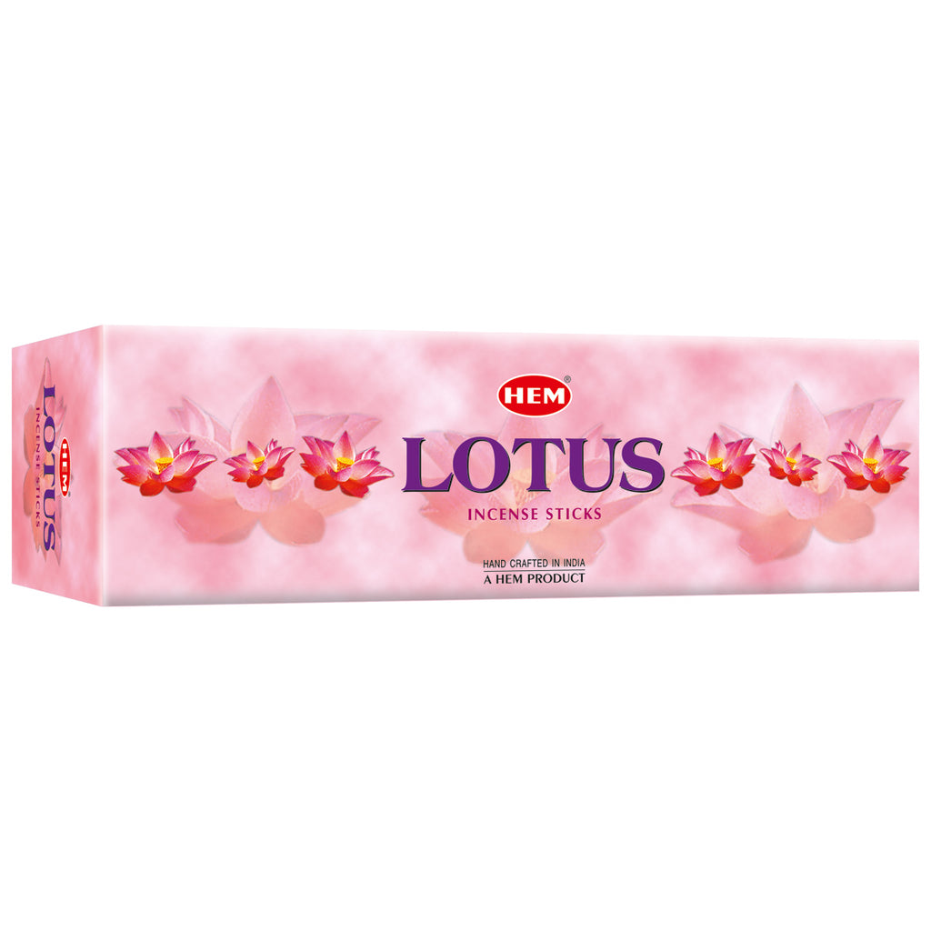 Box of HEM Lotus Incense Sticks with pink floral design on a white background