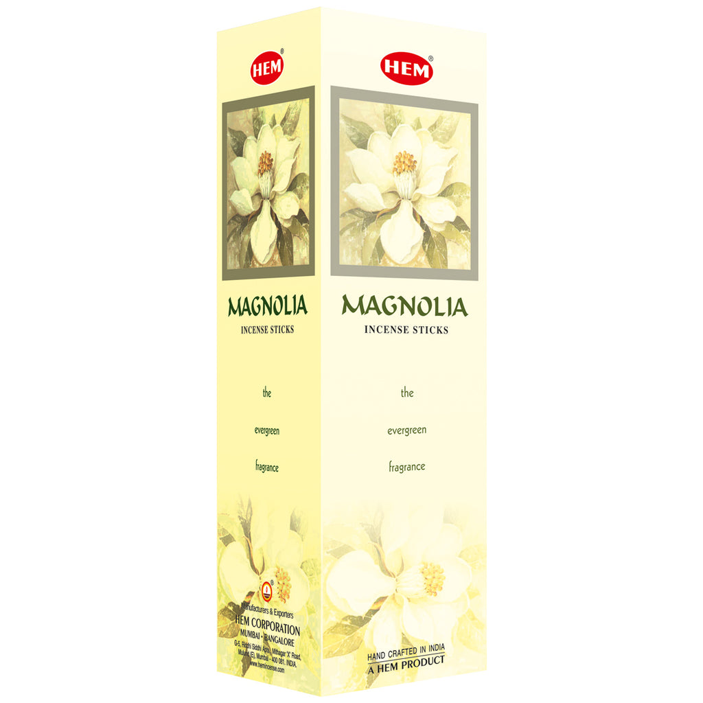 Box of HEM Magnolia incense sticks with floral design on a white background