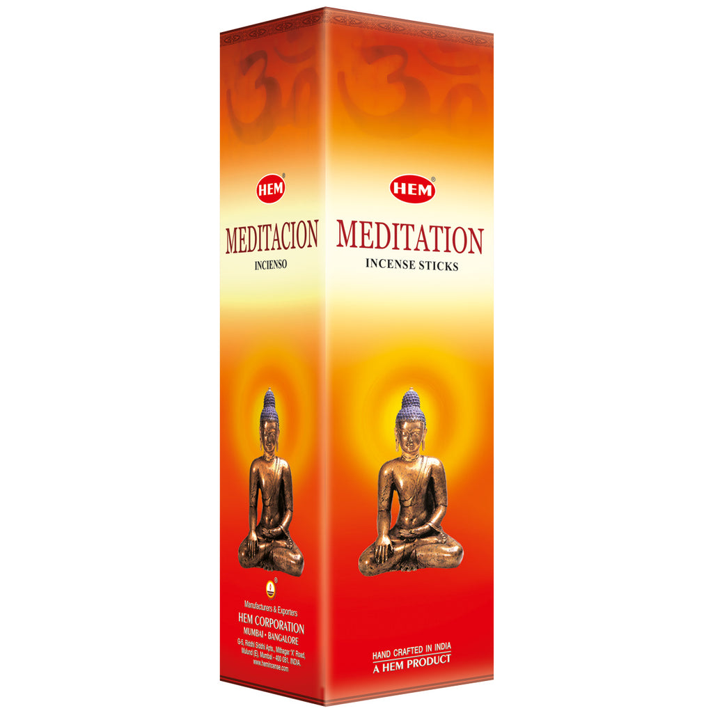 Box of HEM Meditation incense sticks with Buddha images on a white background