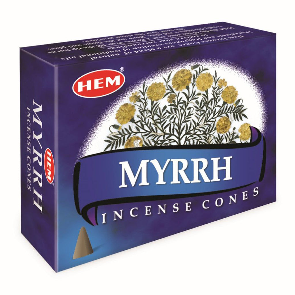 Box of HEM Myrrh Incense Cones with floral design on a white background