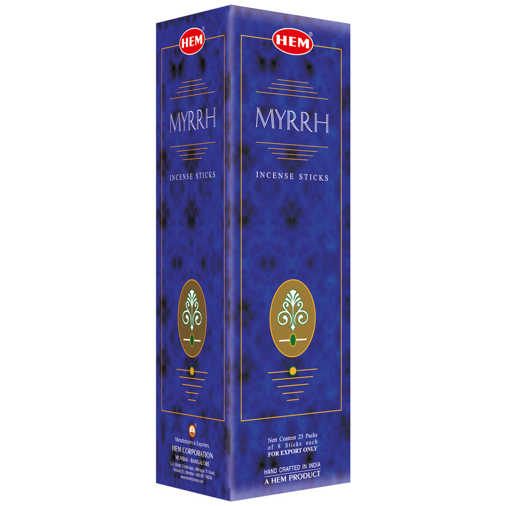 Box of HEM Myrrh incense sticks on a white background