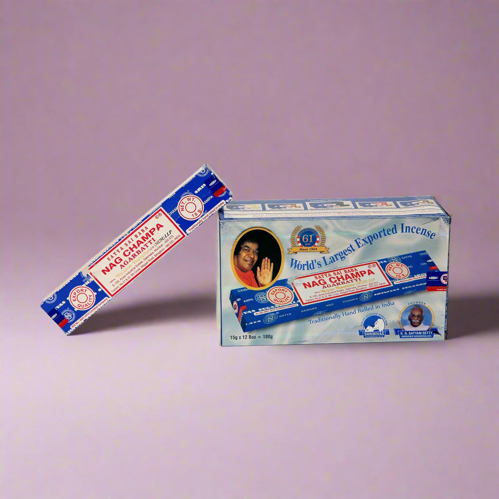 A collection of Satya incense boxes in various fragrances, displayed in an organized manner.