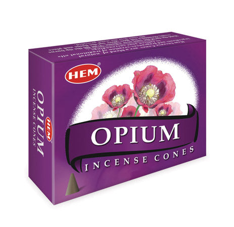 Box of HEM Opium Incense Cones with purple packaging and floral design.