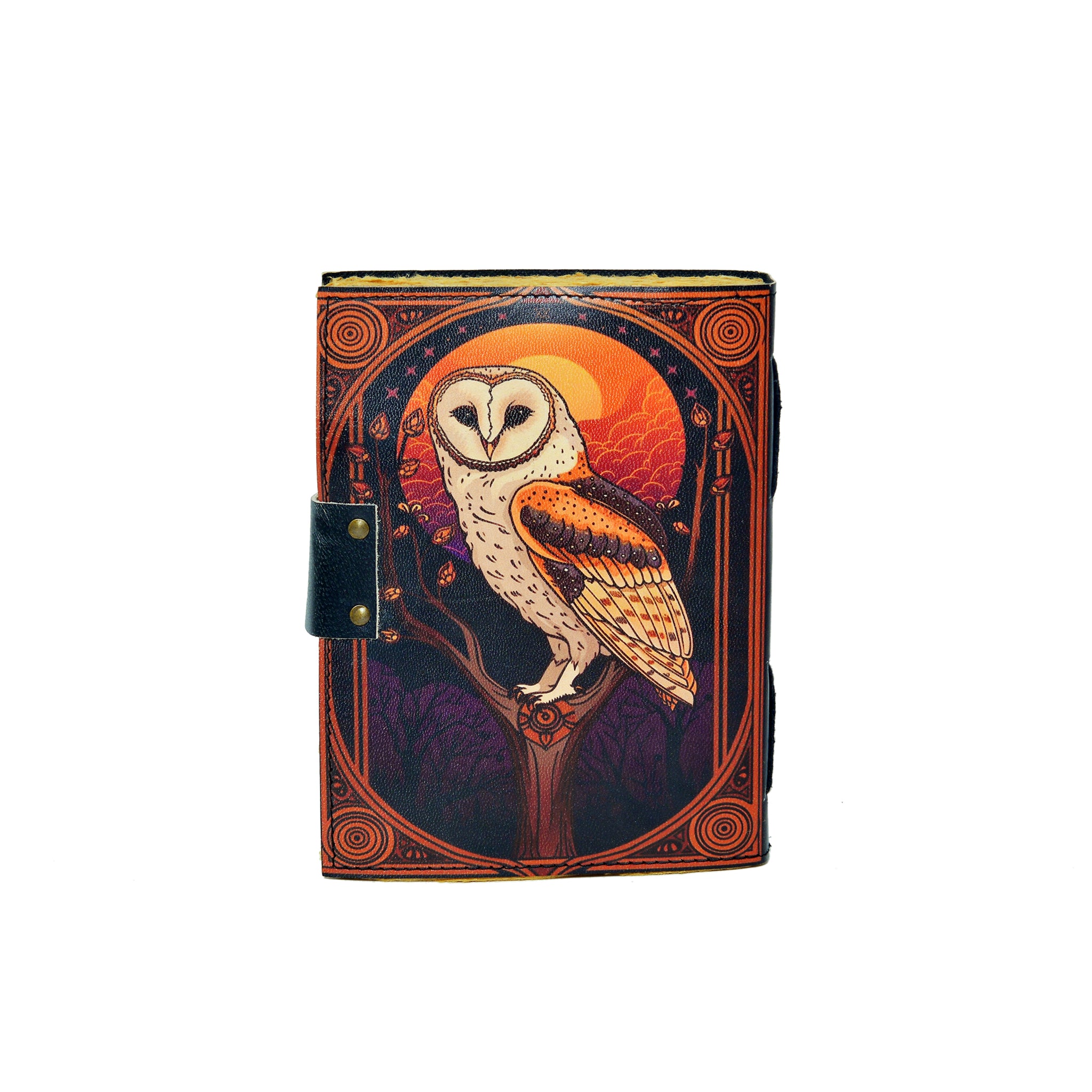 Leather-bound notebook with an owl design on a white background