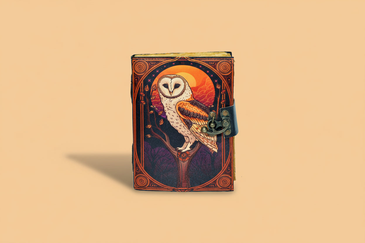 Decorative notebook with an owl illustration on a white background