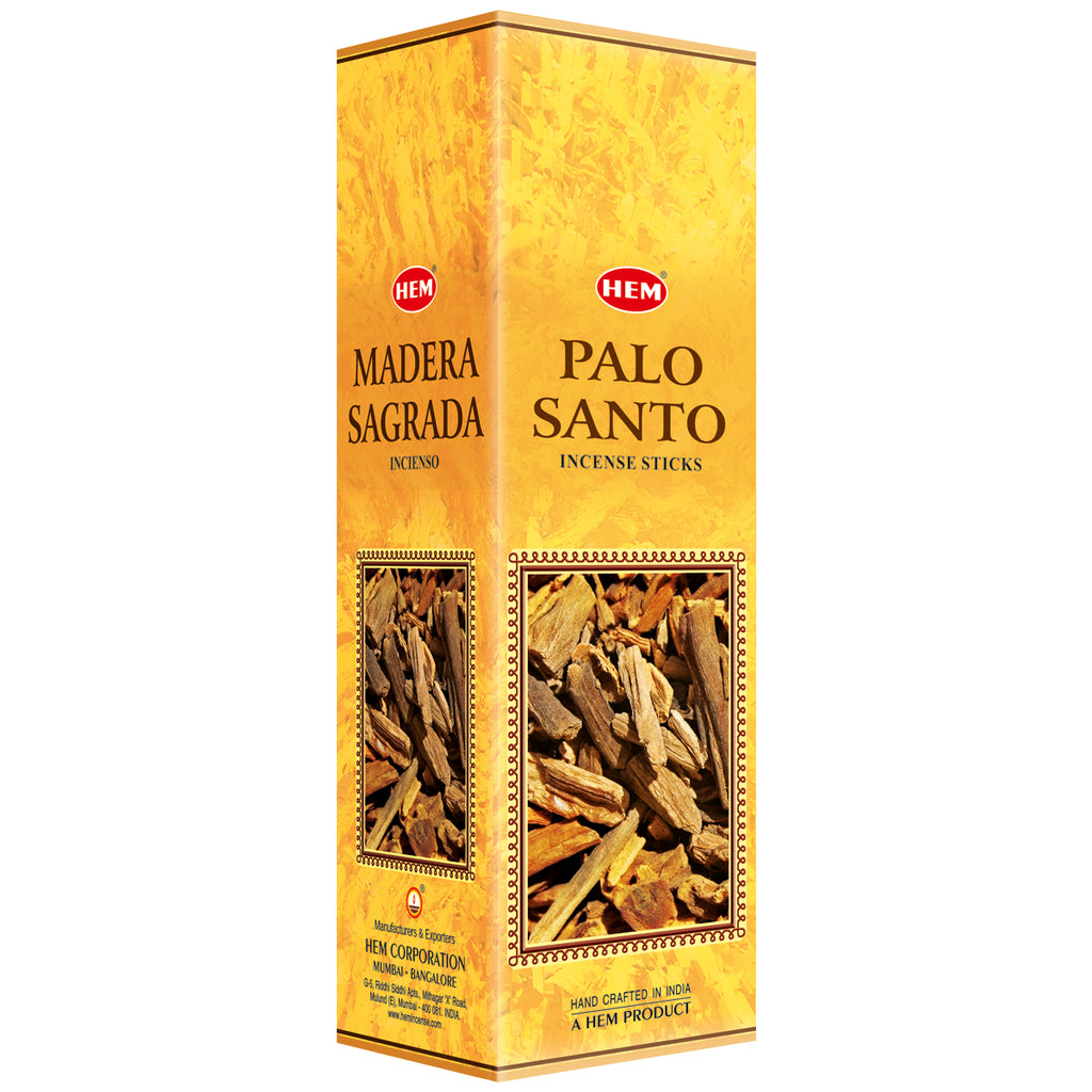 Box of HEM Palo Santo incense sticks on a white background