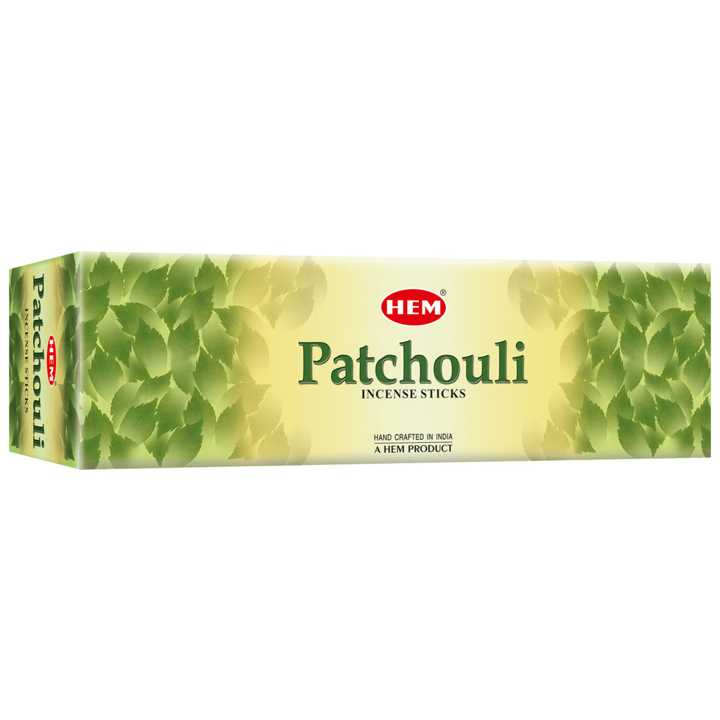 Box of HEM Patchouli incense sticks on a white background