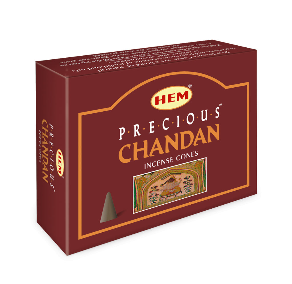 Box of HEM Precious Chandan incense cones on a white background