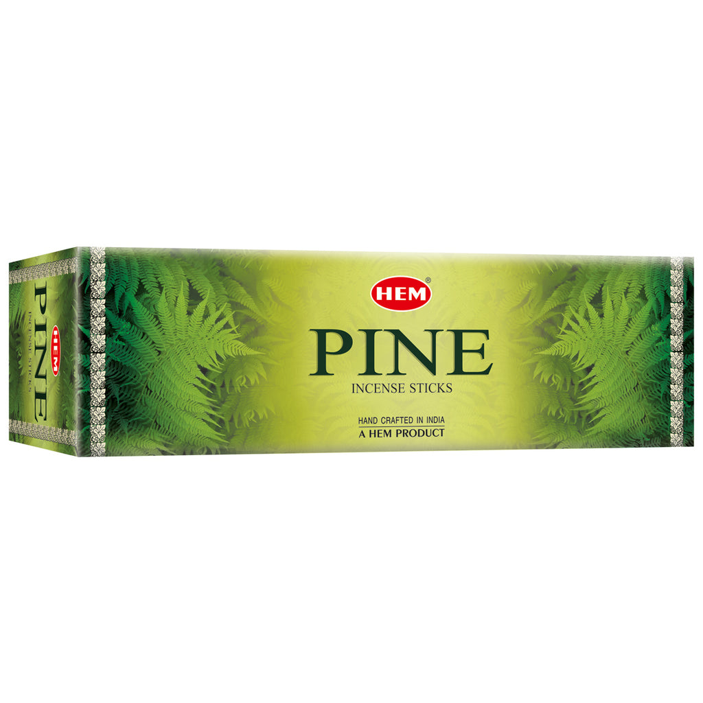 Box of HEM Pine Incense Sticks with green design and text on a white background