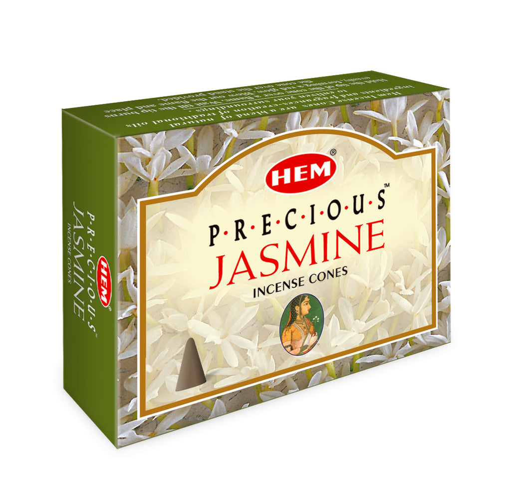 Box of HEM Precious Jasmine incense cones on a white background